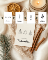 Set aus minimalistischen Weihnachtskarten mit verschiedenen Designs und Grüßen wie &