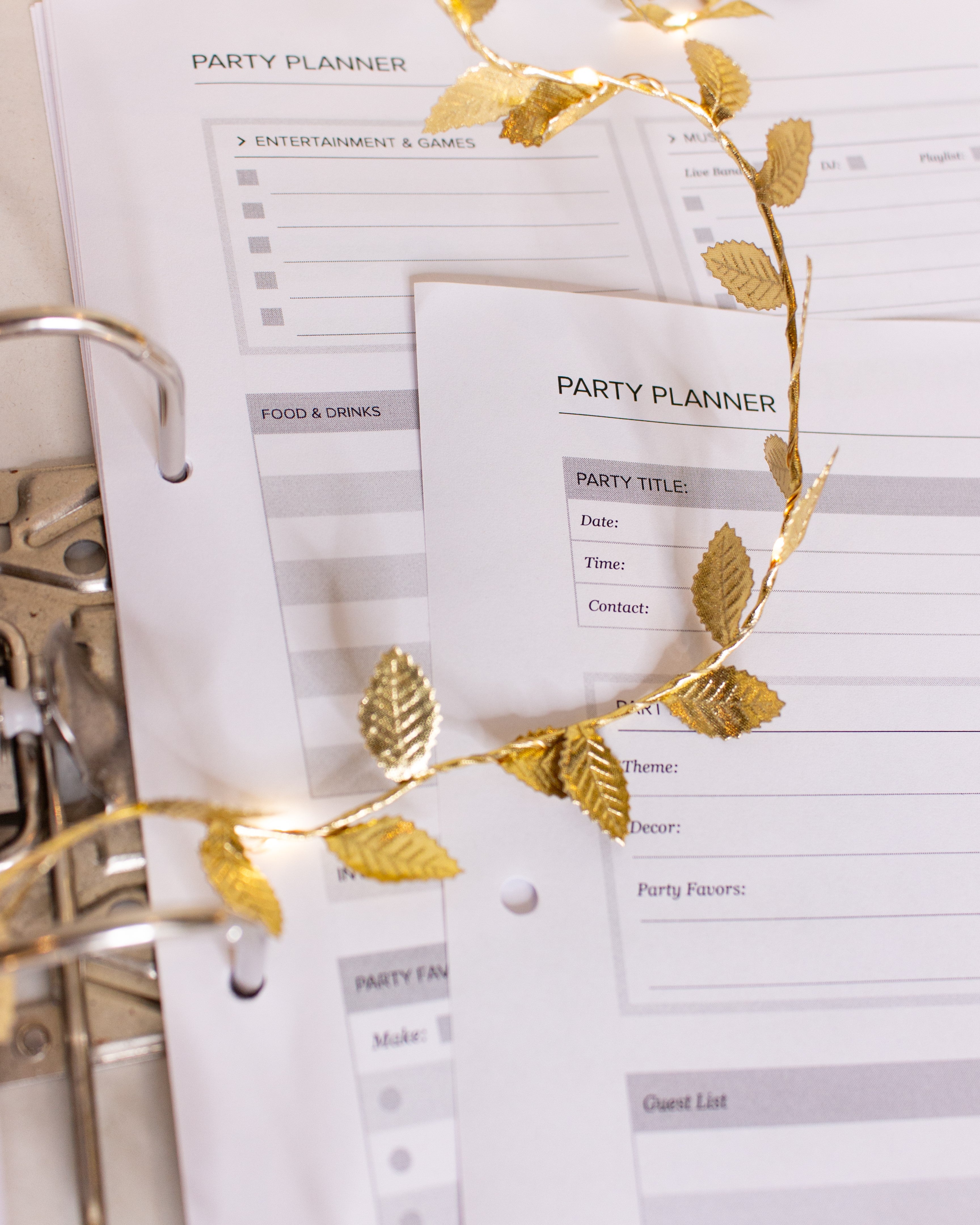 Party Planning section of a Christmas planner with some golden decoration