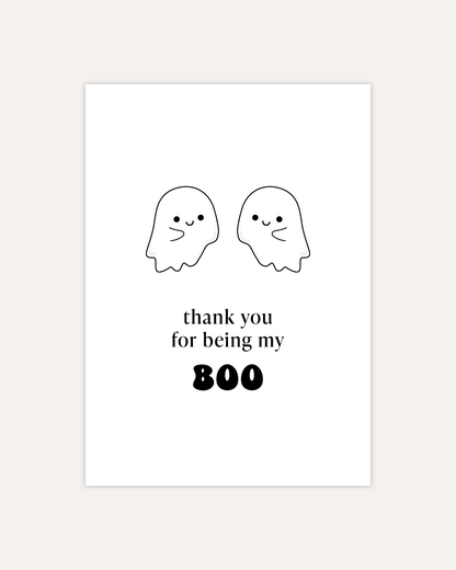 A postcard design showing two adorable ghost drawings and some text saying &quot;thank you for being my boo&quot;. The design is shown on a beige background.