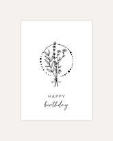A postcard design showing a lineart drawing of some flowers and branches tied together, with a circle consisting of dots of varying sizes around them. Below that are two lines of text saying "Happy Birthday". The design is shown on a beige background.
