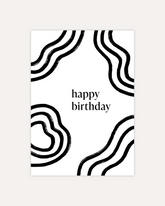 A postcard design consisting of bold black wavy lines and text saying "happy birthday". The design is shown on a beige background.