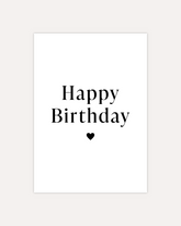 A postcard design consisting of two big lines of text saying "Happy Birthday" and a small heart below them. The design is shown on a beige background.
